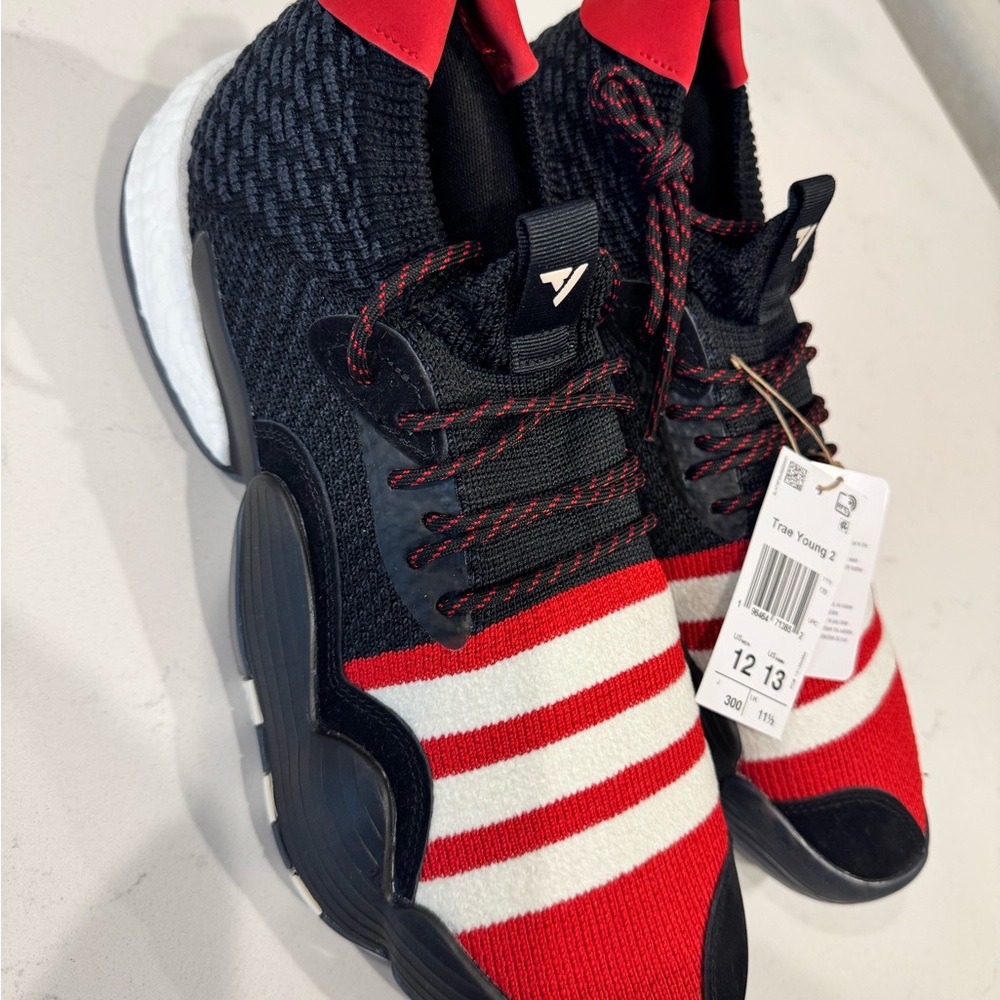 Adidas: Trae Young 2 Red and Black Striped Sneakers - Picture 2 of 5